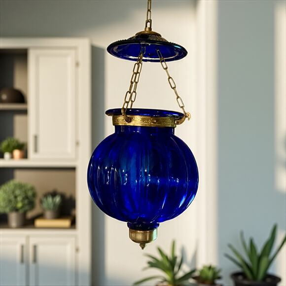 Vintage Cobalt Blue Hundi Glass Lantern-23'' Brass-Bell Pendant Hanging Light - Picture 13 of 13